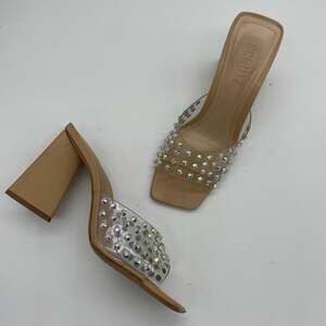 Schutz Lizah Nude Clear Rhinestone High Heel Sandals - 6.5